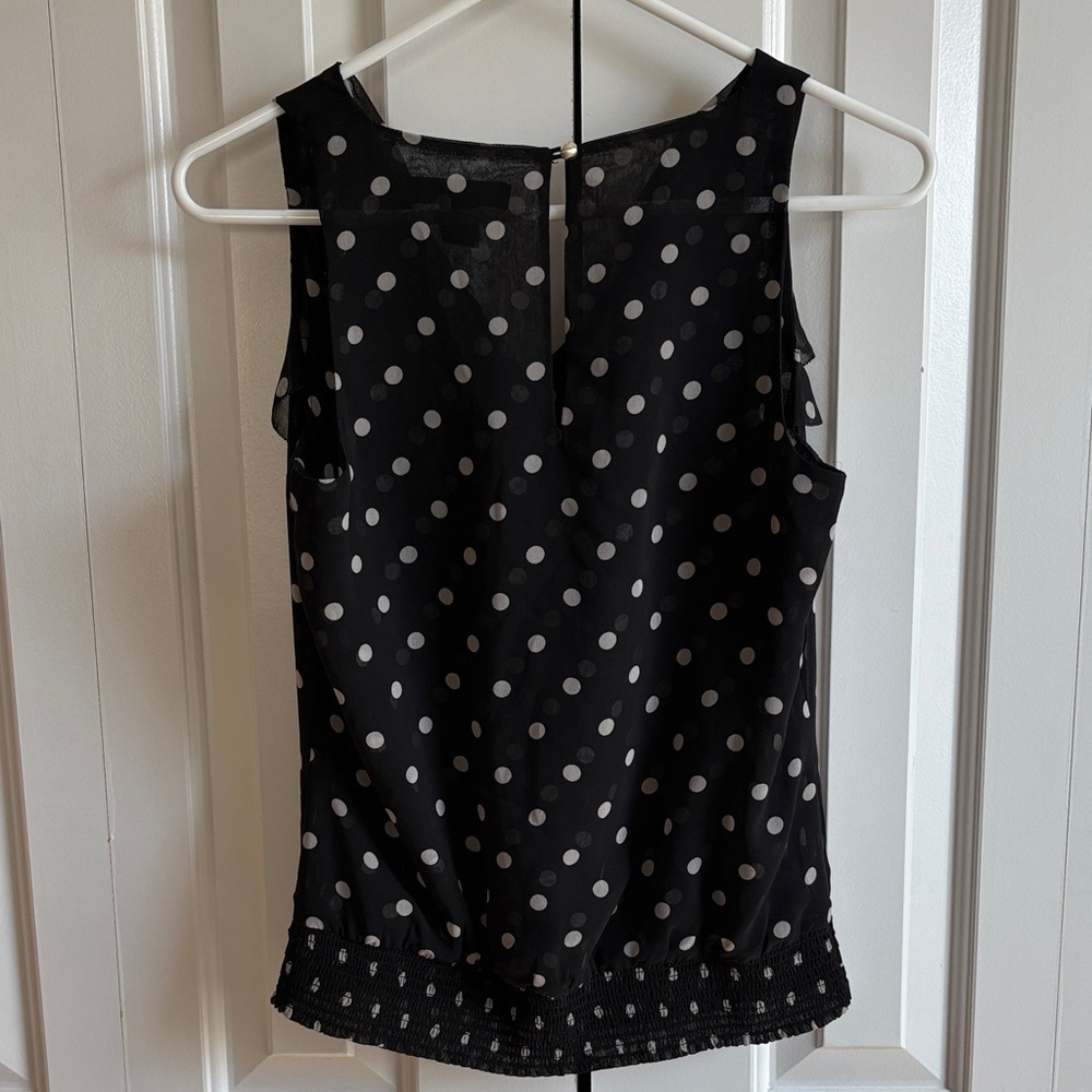 White House Black Market Black and White Polka Dot Blouse with Ruffles - Picture 3 of 5